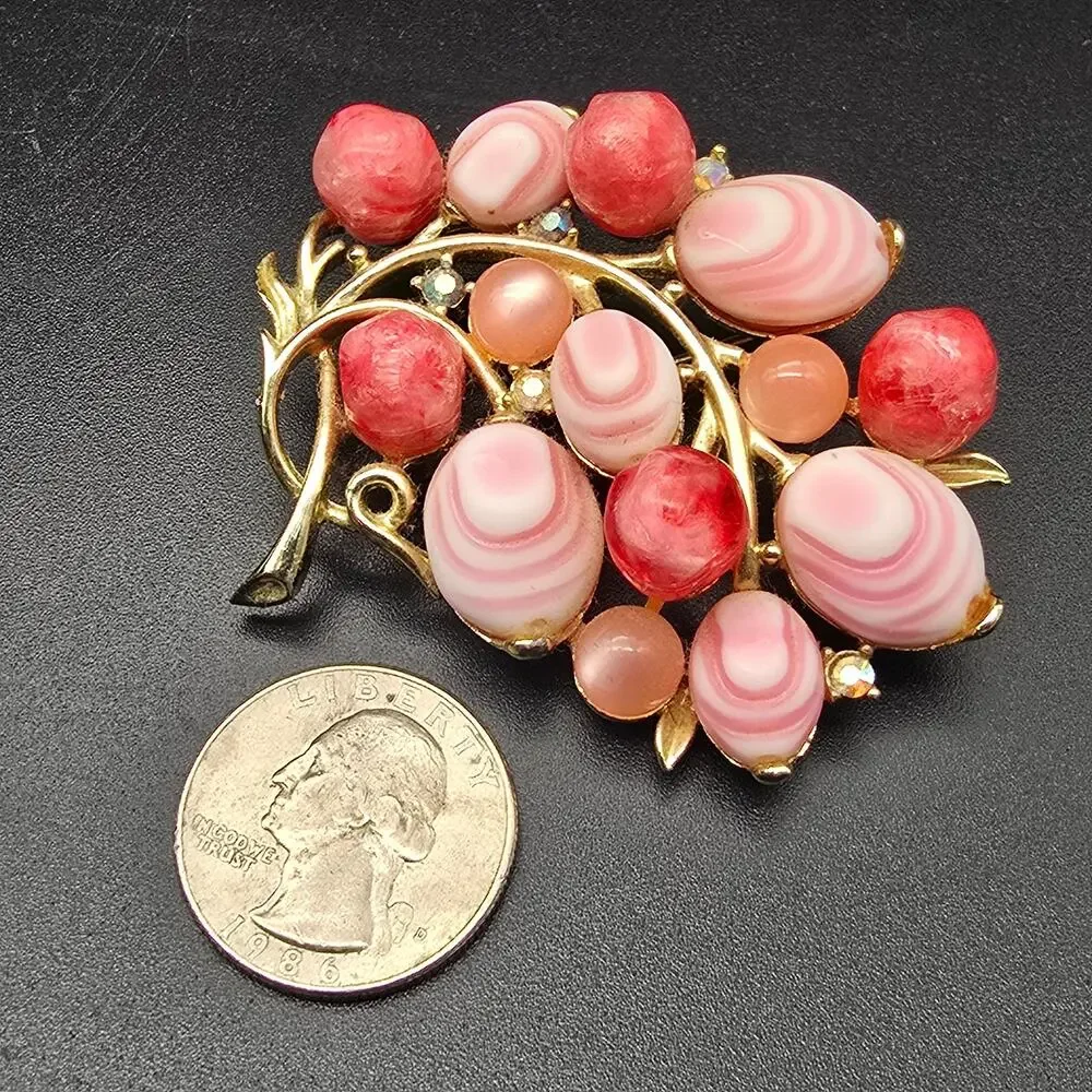 Pink Molded Glass Faux Pearl Brooch Flowers Bouquet Vintage Jewelry
